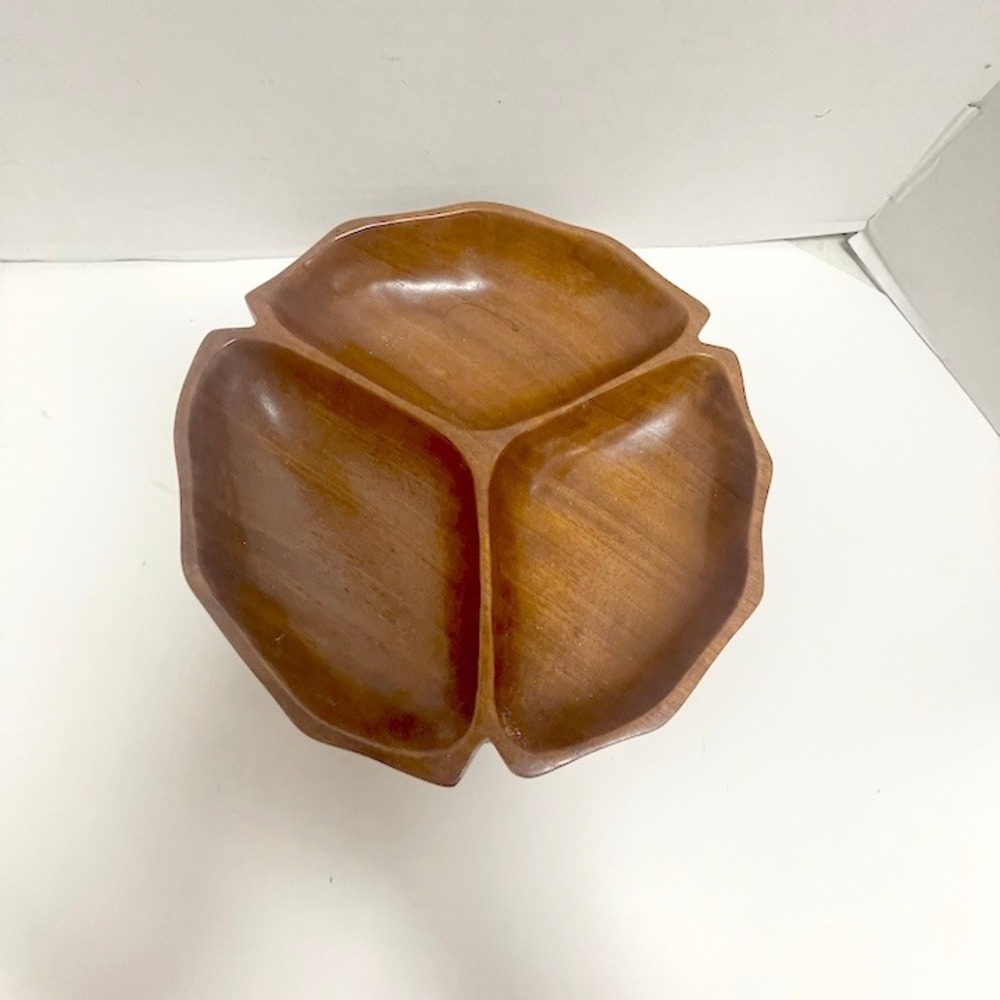 Vintage MCM 3-Compartment Wooden Serving Tray | Leaf Clover Dish